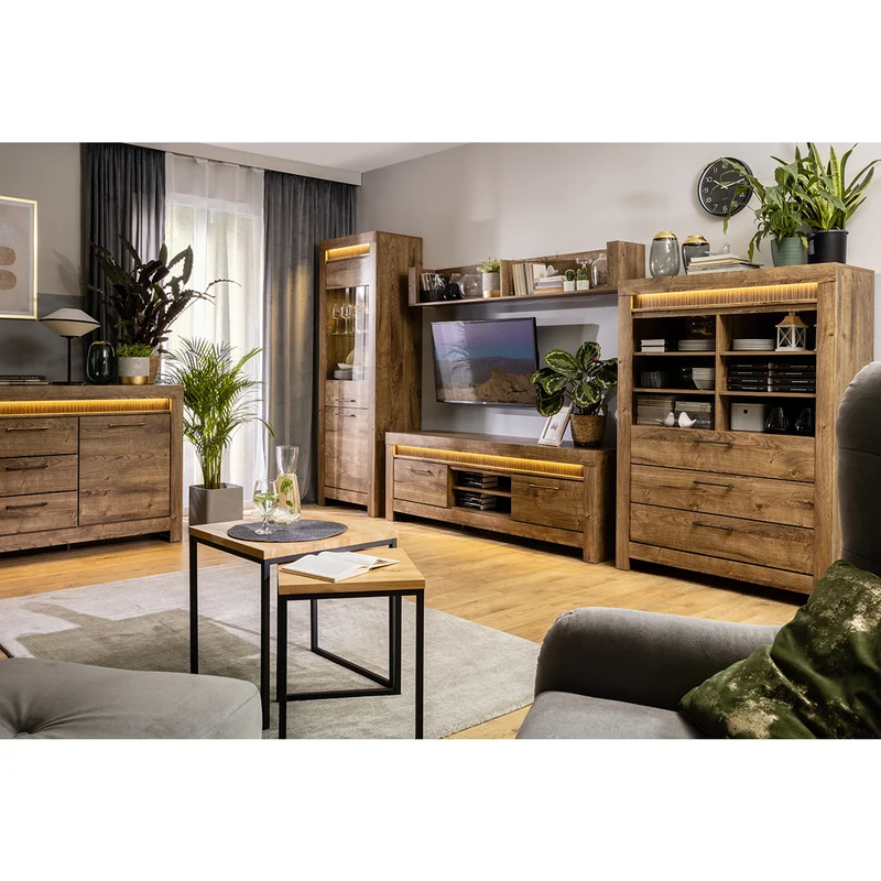 Meuble TV 2 portes 2 niches 180 cm LED inclus Amaury Bois