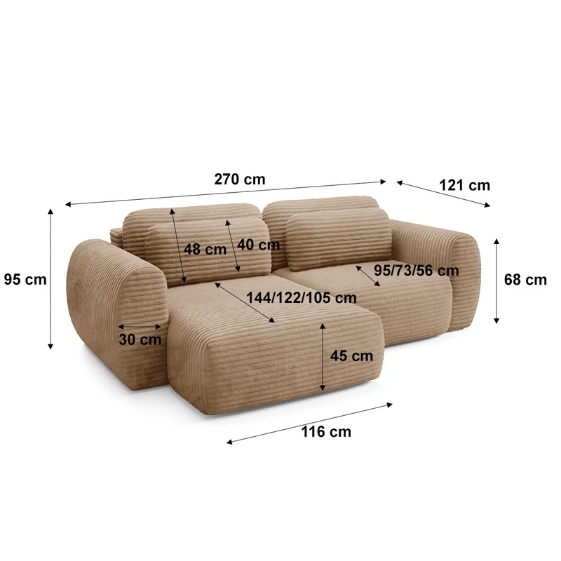 Canapé d'angle réversible et convertible 3 places avec coffre Camilla Beige