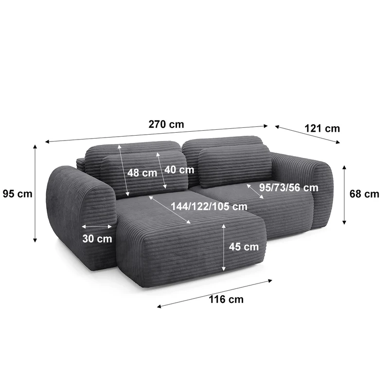 Canapé d'angle réversible et convertible 3 places avec coffre Camilla Gris foncé