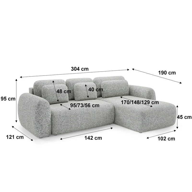 Canapé d'angle réversible et convertible 3 places avec coffre Carmela Gris