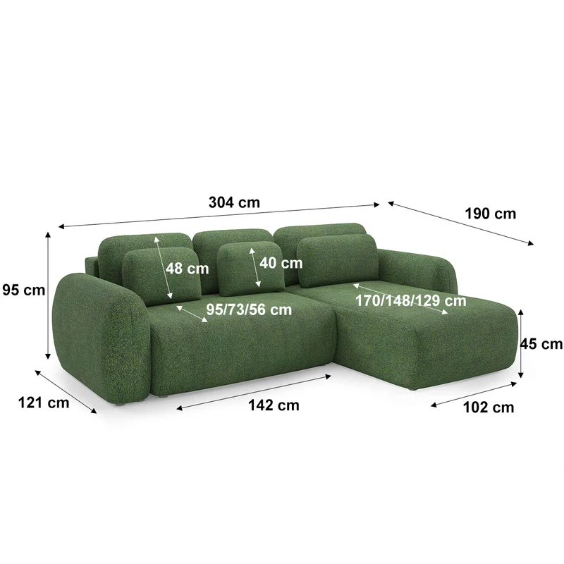 Canapé d'angle réversible et convertible 3 places avec coffre Carmela Vert