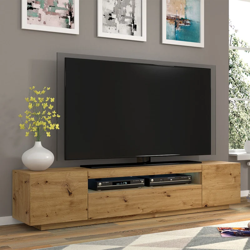 Meuble TV mural 3 portes 200 cm LED Aurus Bois