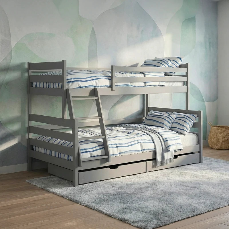 Lit superposé 90-120x200 sommiers et tiroirs inclus Léo Gris