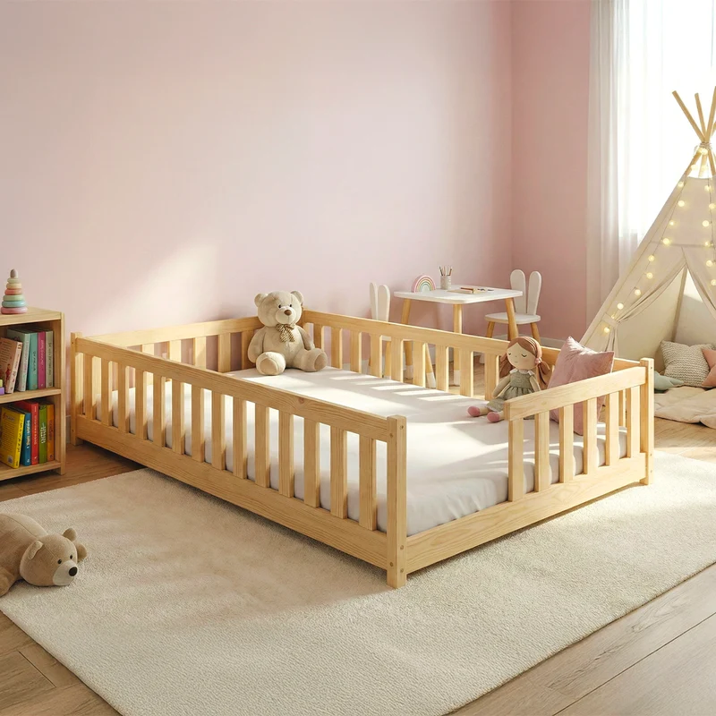 Lit au sol 140x200 sommier inclus Théa Bois