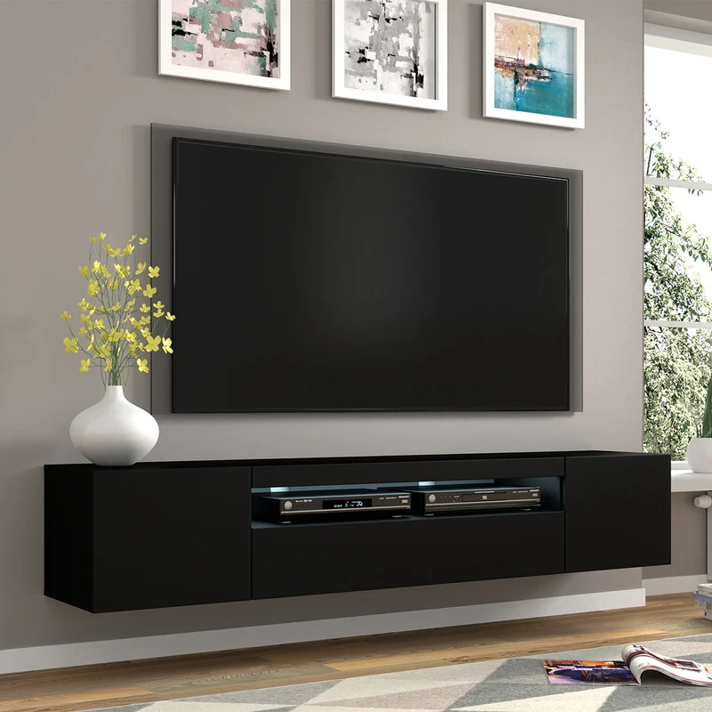 Meuble TV mural 3 portes 200 cm LED Aurus Noir