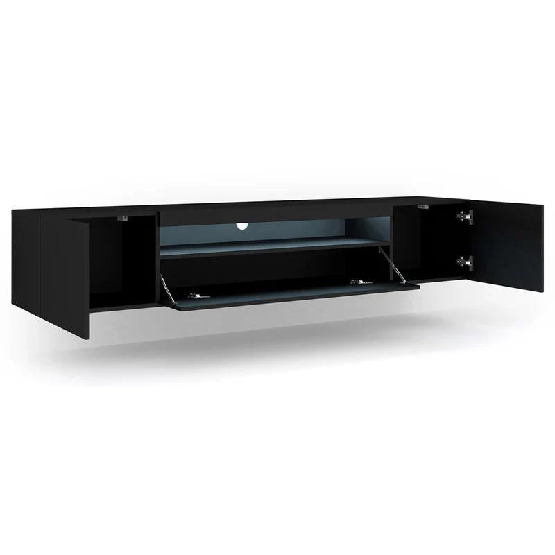 Meuble TV mural 3 portes 200 cm LED Aurus Noir