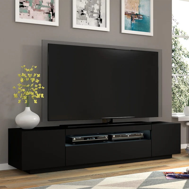 Meuble TV mural 3 portes 200 cm LED Aurus Noir