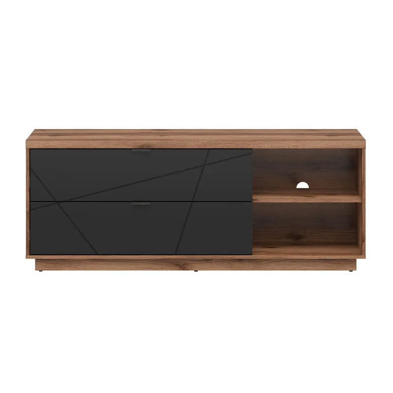 Meuble TV 2 tiroirs 2 niches 156 cm Sven Noir et Bois