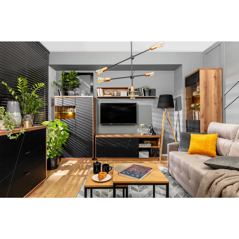 Meuble TV 2 tiroirs 2 niches 156 cm Sven Noir et Bois