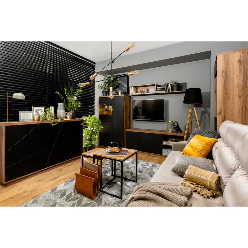 Meuble TV 2 tiroirs 2 niches 156 cm Sven Noir et Bois