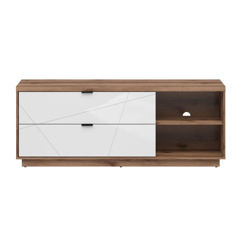 Meuble TV 2 tiroirs 2 niches 156 cm Sven Blanc et Bois