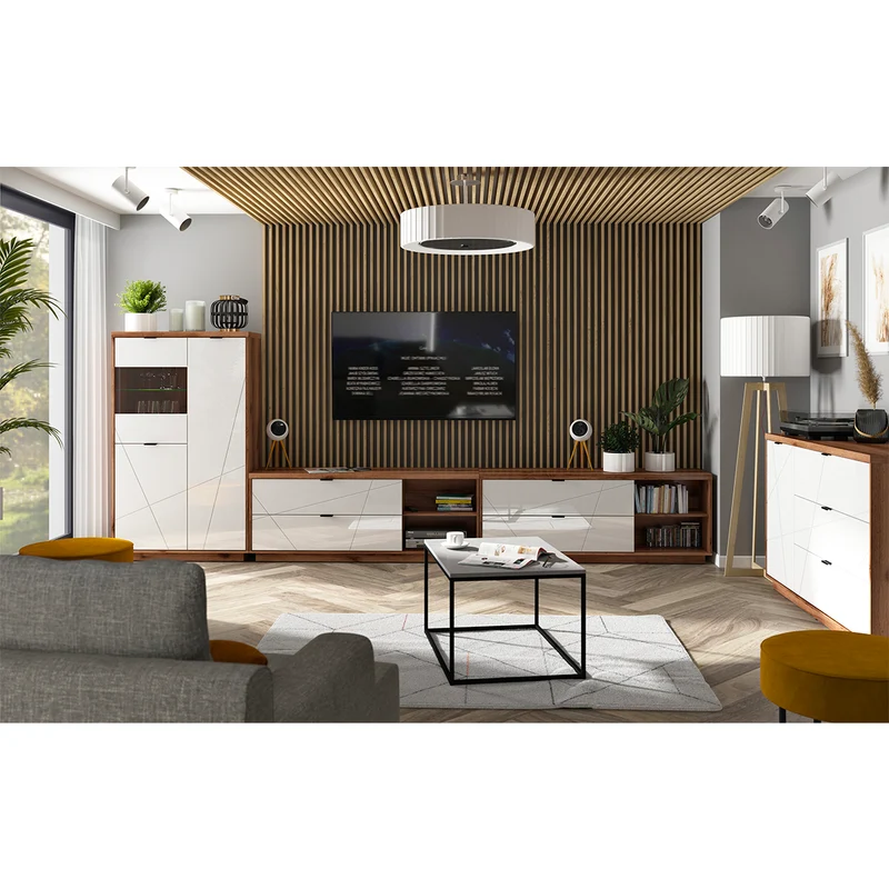 Meuble TV 2 tiroirs 2 niches 156 cm Sven Blanc et Bois