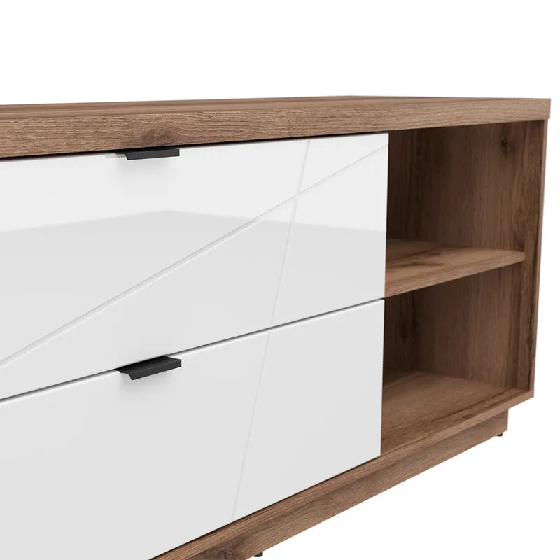 Meuble TV 2 tiroirs 2 niches 156 cm Sven Blanc et Bois