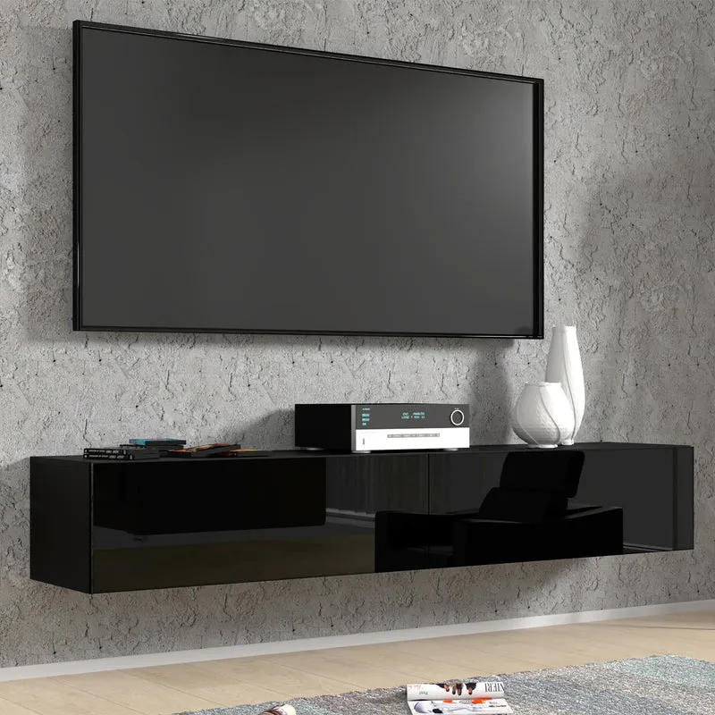Meuble TV mural 2 portes 180 cm Bali Noir brillant