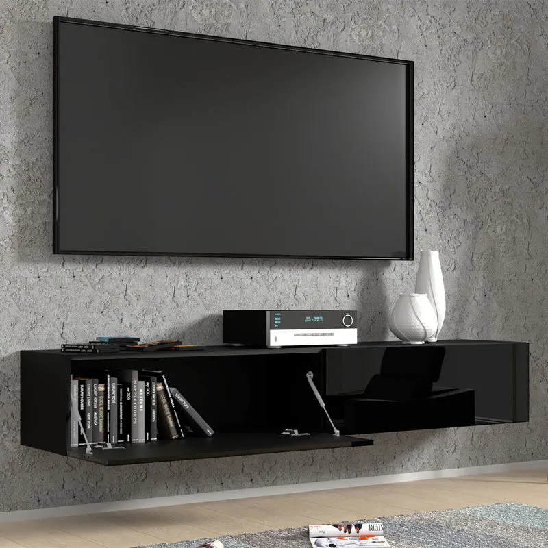 Meuble TV mural 2 portes 180 cm Bali Noir brillant