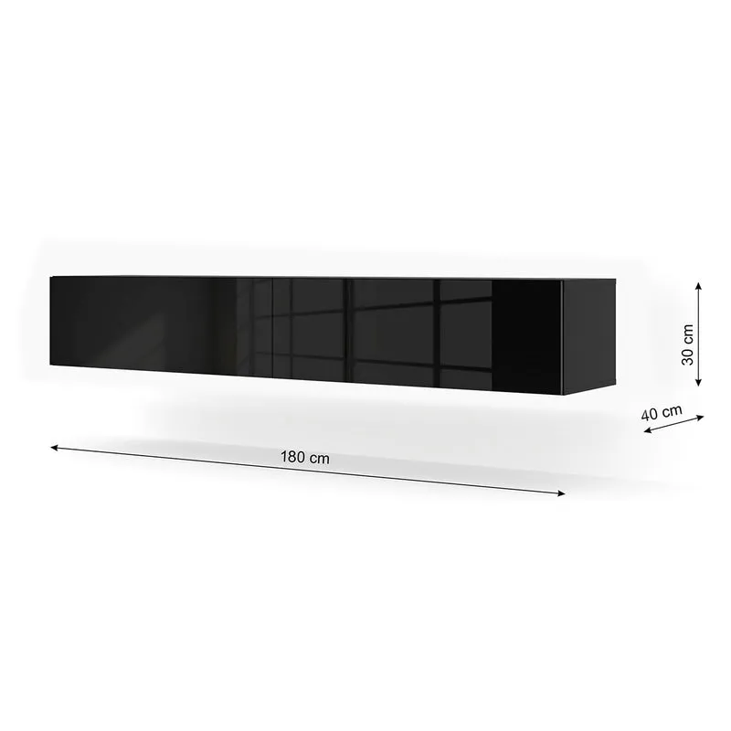 Meuble TV mural 2 portes 180 cm Bali Noir brillant