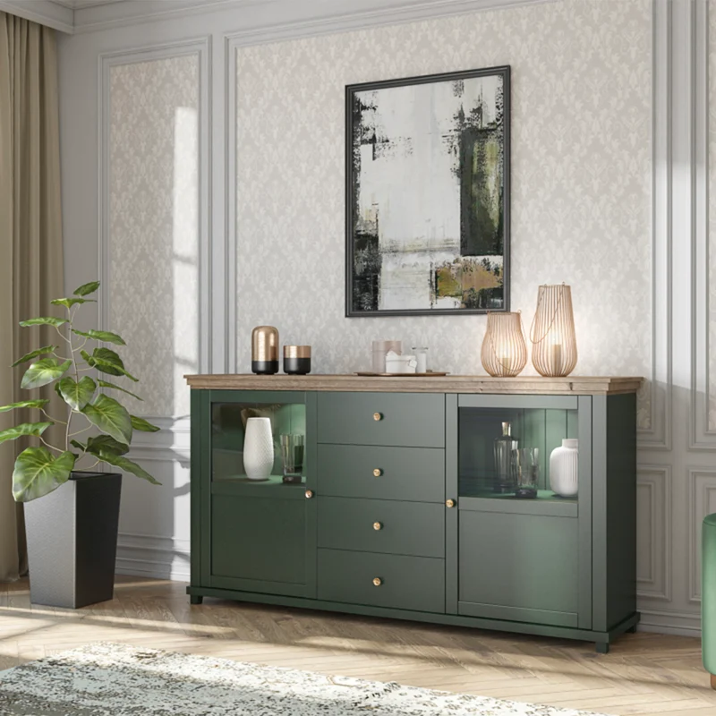 Buffet 2 portes 4 tiroirs Martin Vert et Bois