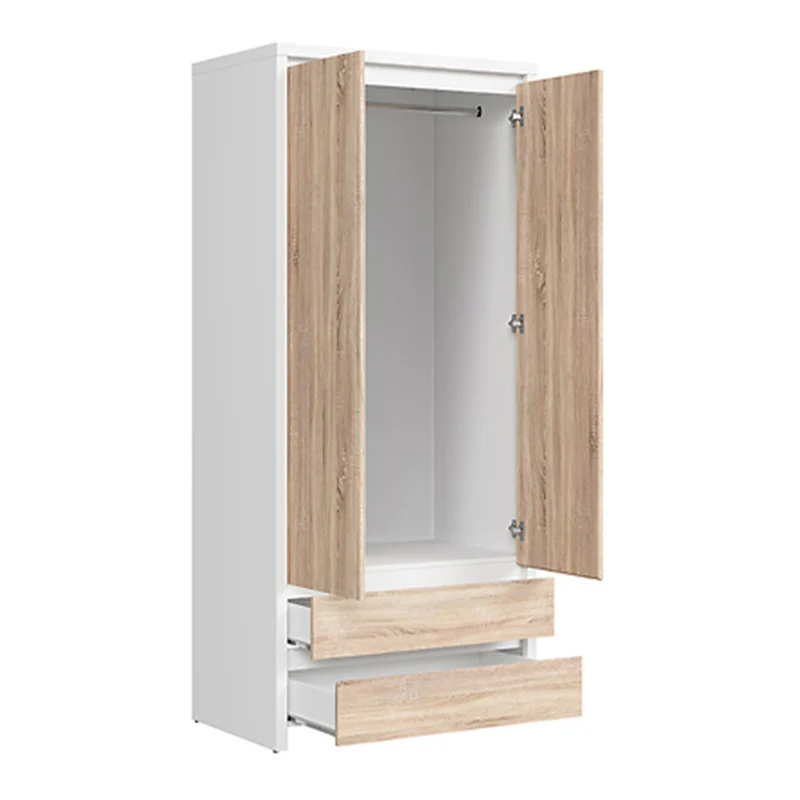 Armoire 2 portes 2 tiroirs Soren Blanc et Bois