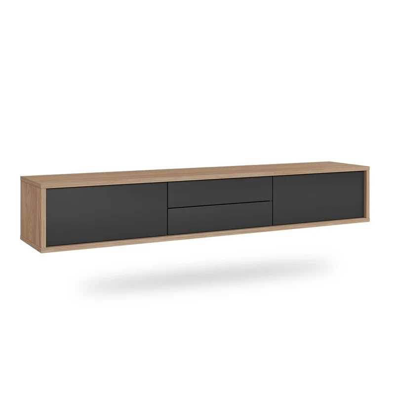 Meuble TV mural 2 portes 2 tiroirs 180 cm Idra Bois et Gris
