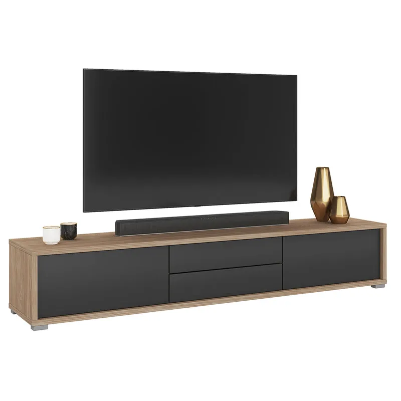 Meuble TV mural 2 portes 2 tiroirs 180 cm Idra Bois et Gris