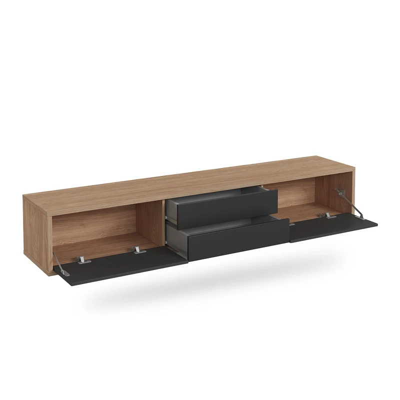 Meuble TV mural 2 portes 2 tiroirs 180 cm Idra Bois et Gris