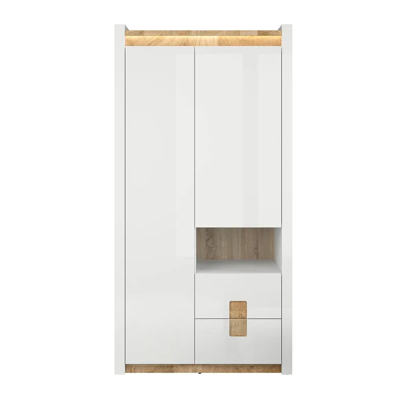 Armoire 2 portes 2 tiroirs 1 niche avec LED Helios Blanc laqué et Bois