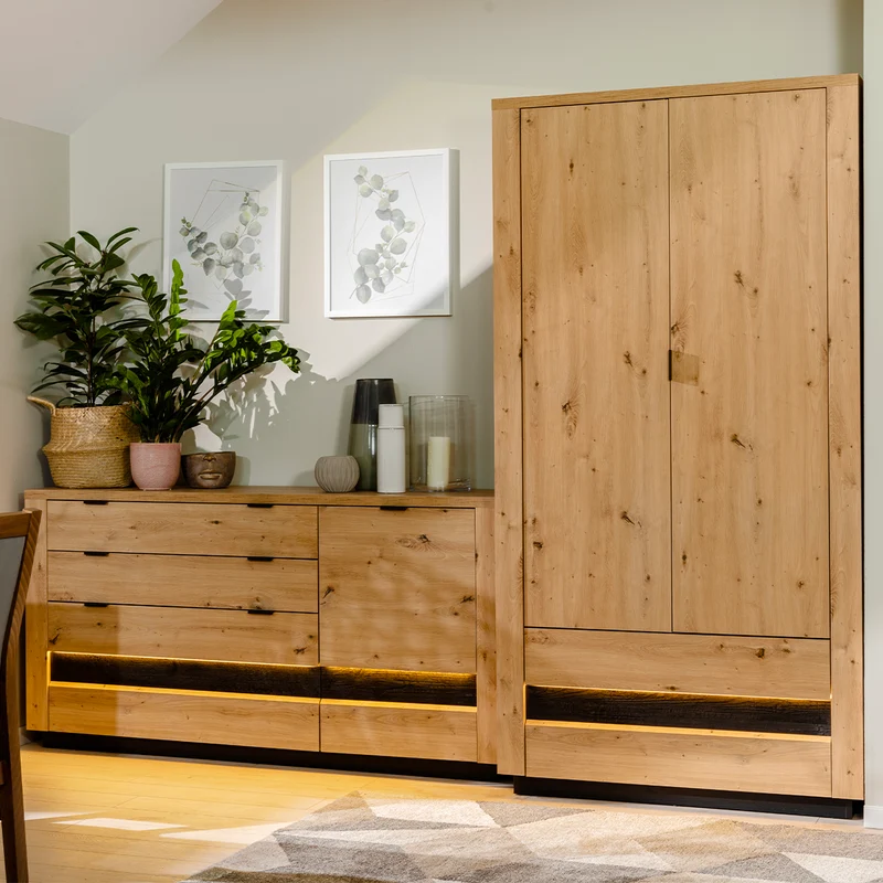 Armoire 2 portes 2 tiroirs avec LED Glenn Bois et Noir