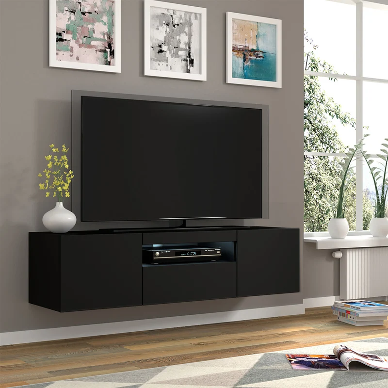 Meuble TV mural 3 portes 150 cm LED Aurus Noir