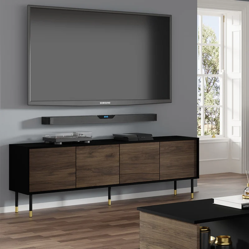Meuble TV 4 portes 180 cm Rani Bois et Noir