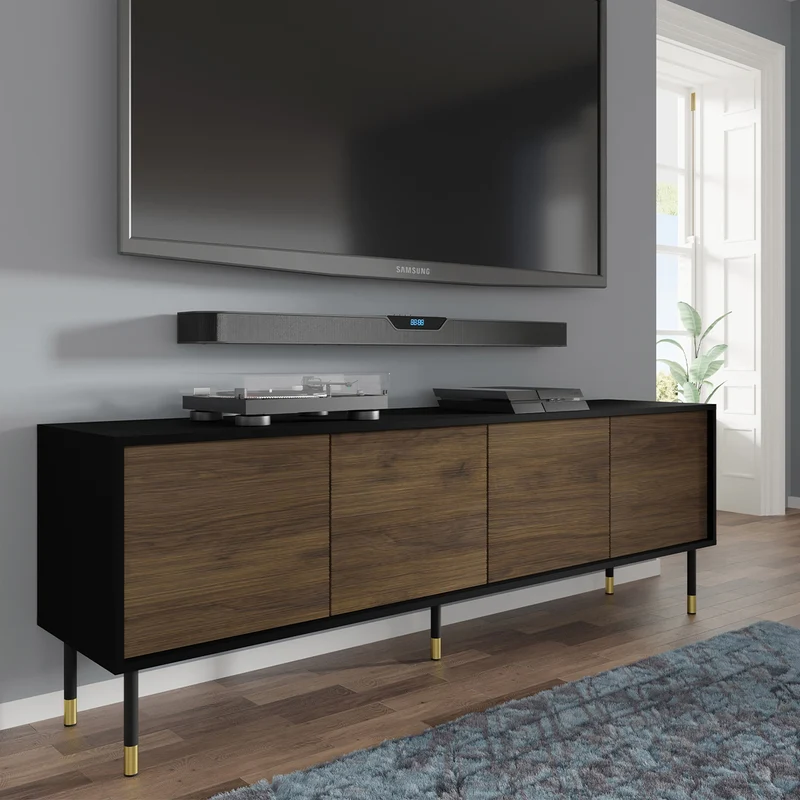 Meuble TV 4 portes 180 cm Rani Bois et Noir