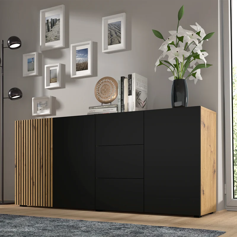 Buffet 3 portes 3 tiroirs Nera Bois et Noir