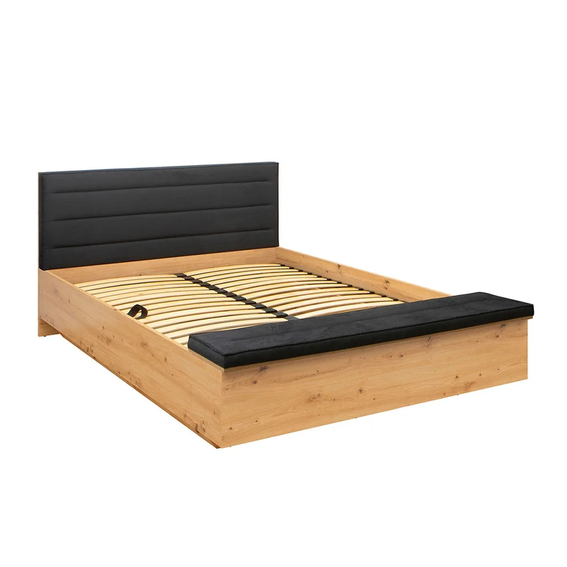 Lit coffre 140x200 avec banc et sommier inclus Glenn Bois et Noir