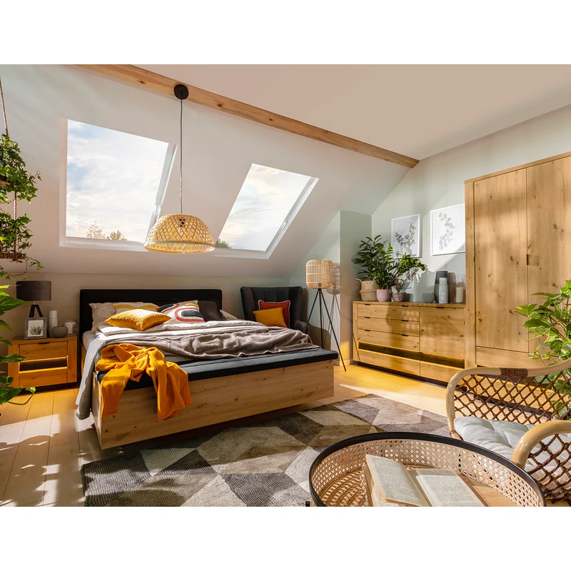 Lit coffre 140x200 avec banc et sommier inclus Glenn Bois et Noir