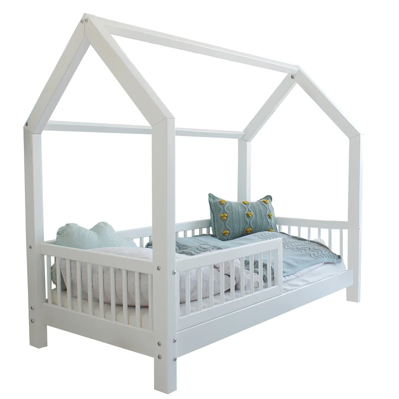 Lit cabane 90x190 barrière et sommier inclus pieds 10 cm Sofia Blanc