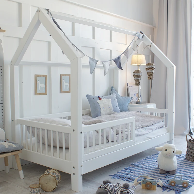 Lit cabane 90x190 barrière et sommier inclus pieds 10 cm Sofia Blanc