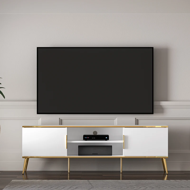 Meuble TV 2 portes 160 cm Zora Blanc et Doré