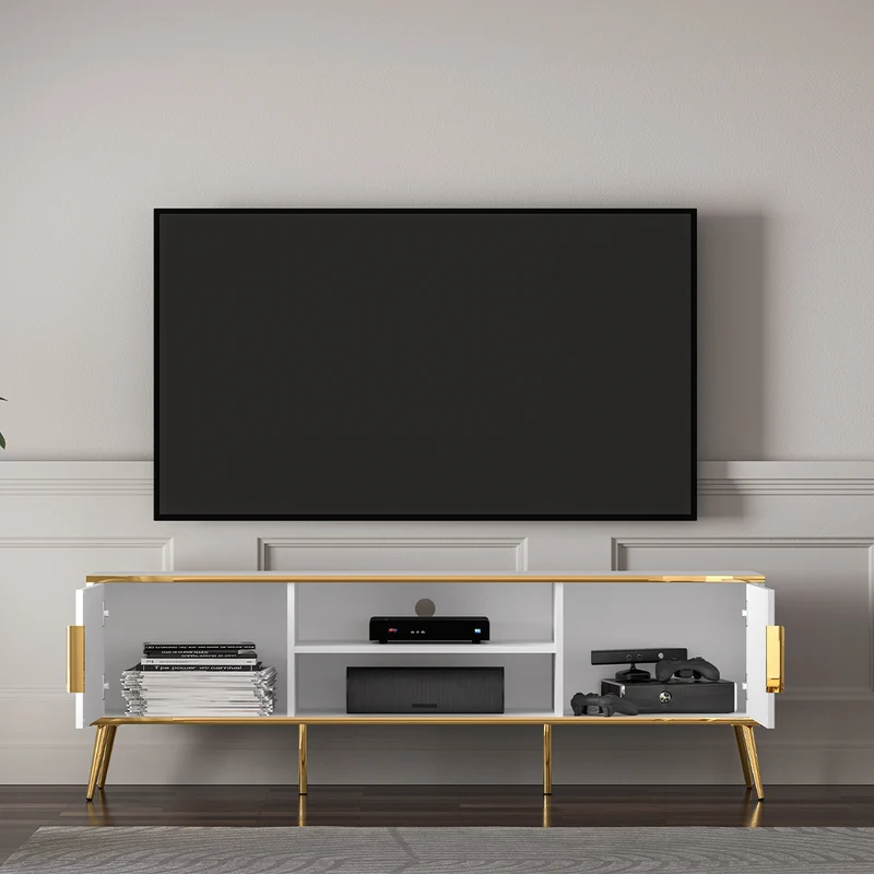Meuble TV 2 portes 160 cm Zora Blanc et Doré
