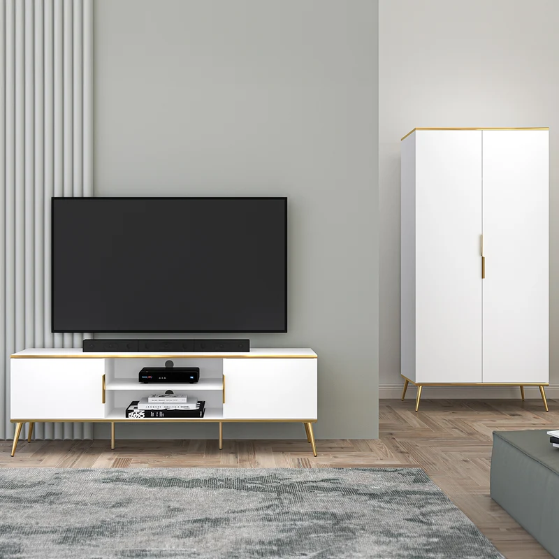 Meuble TV 2 portes 160 cm Zora Blanc et Doré