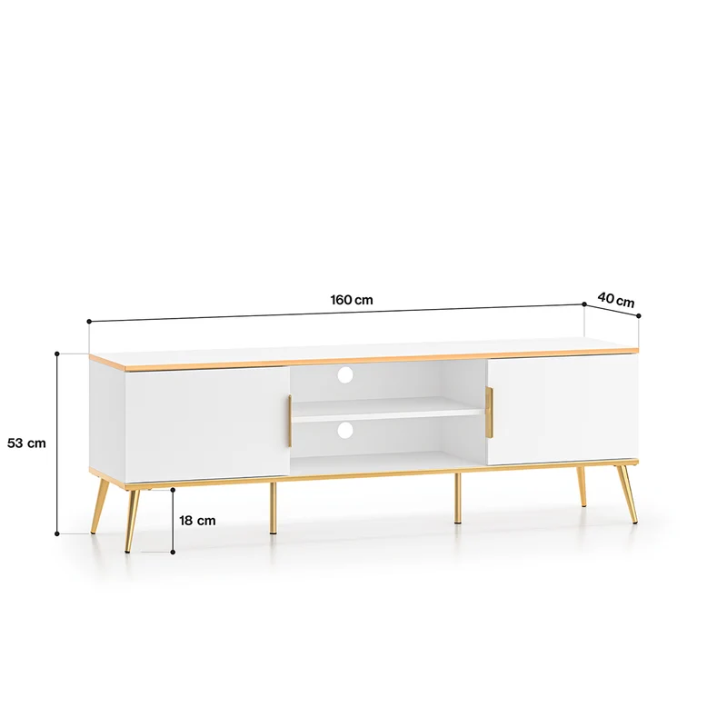 Meuble TV 2 portes 160 cm Zora Blanc et Doré