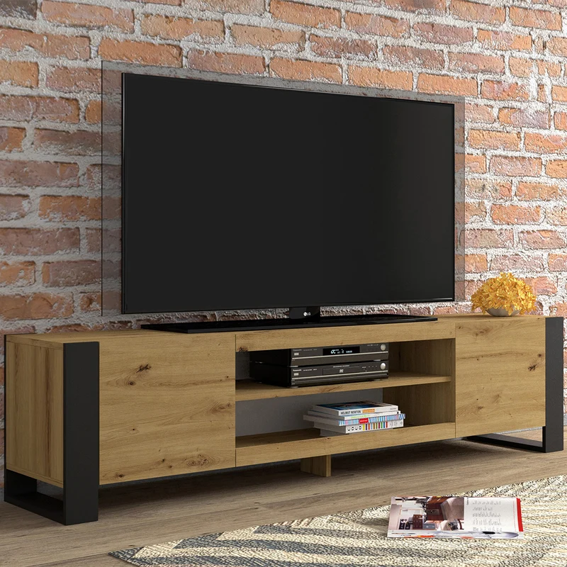 Meuble TV 2 portes 188 cm Gani Bois et Noir