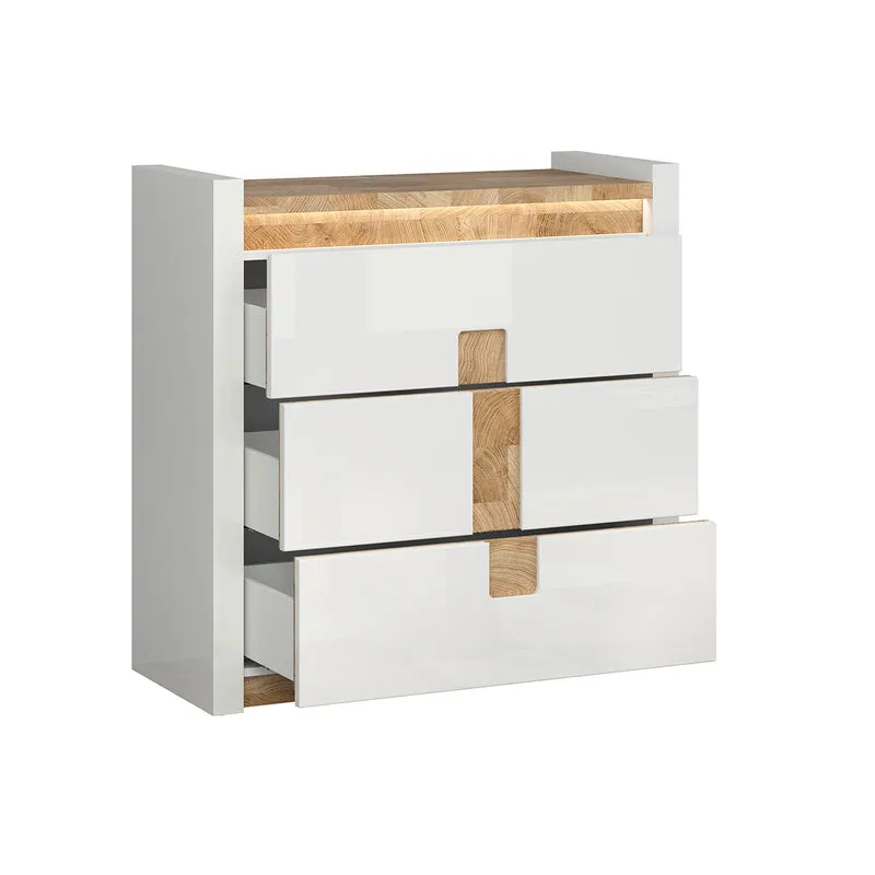 Commode 3 tiroirs avec LED Helios Blanc laqué et Bois