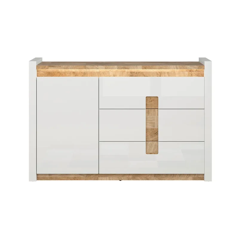 Buffet 1 porte 3 tiroirs avec LED Helios Blanc laqué et Bois