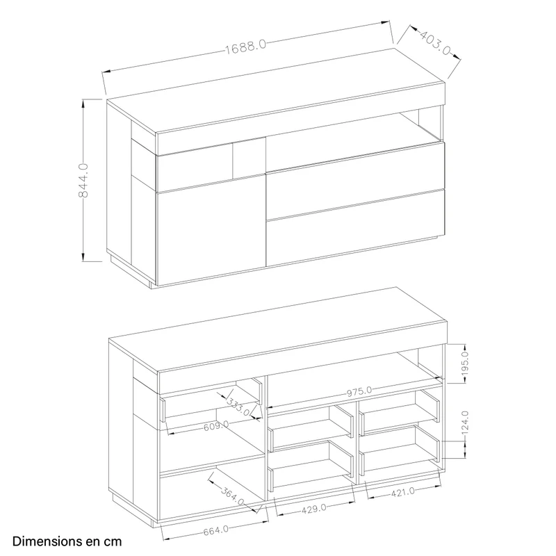 Buffet 1 porte 3 tiroirs Andrea Gris anthracite et Bois