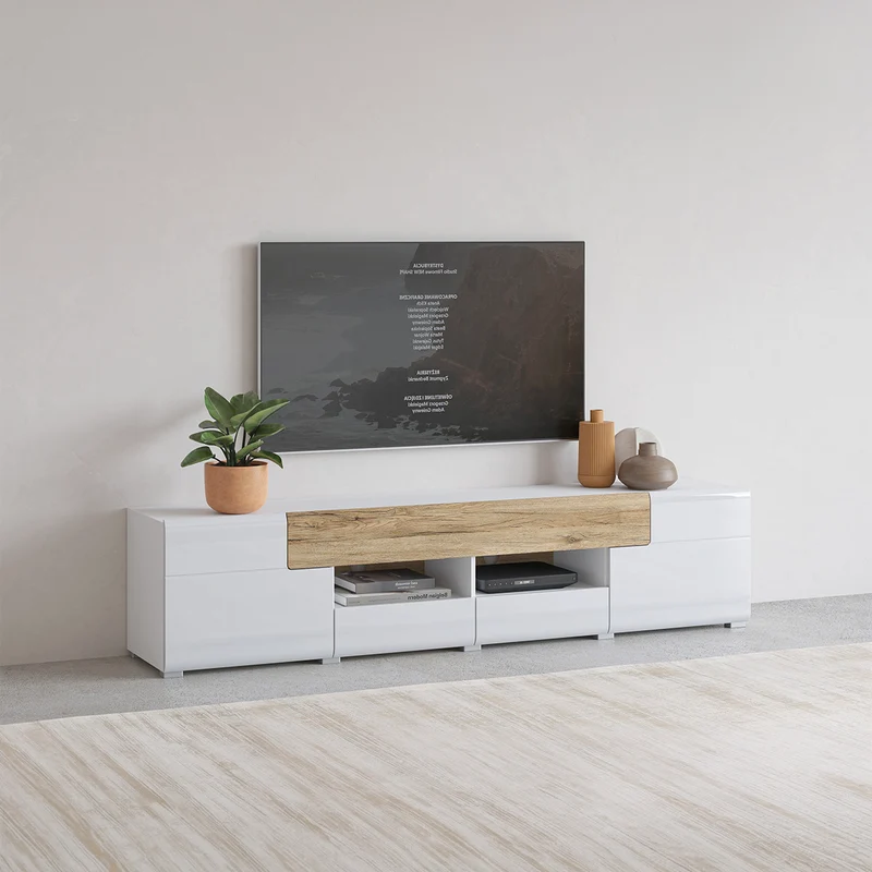 Meuble TV 2 portes 2 tiroirs 208 cm Jules Blanc et Bois