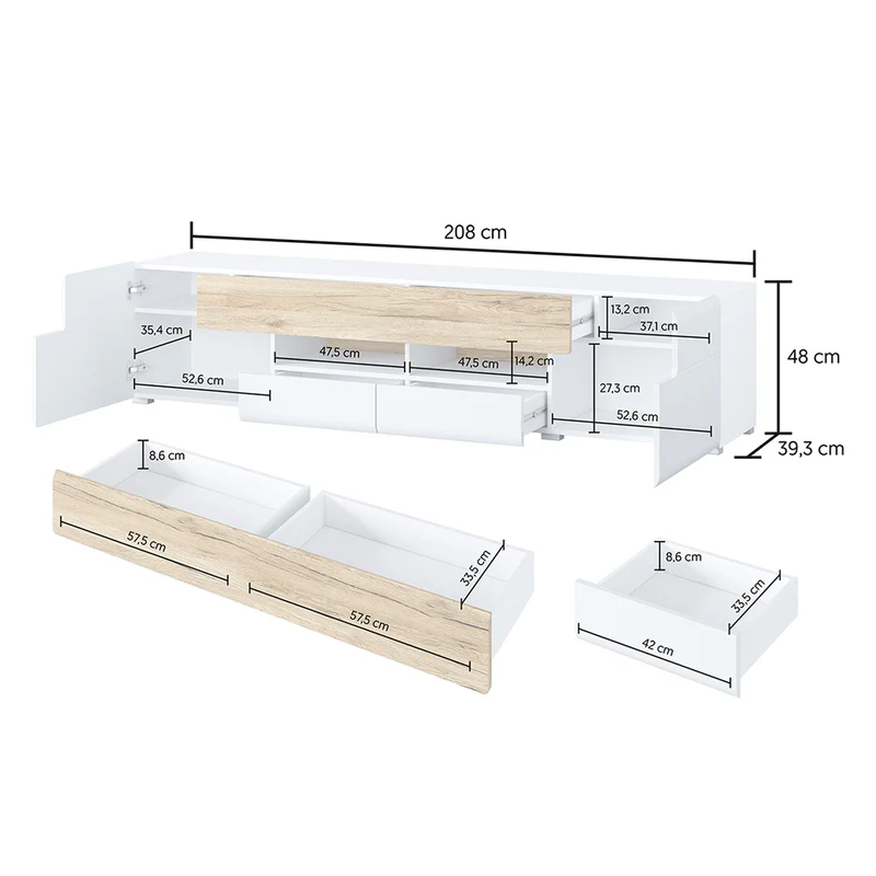 Meuble TV 2 portes 2 tiroirs 208 cm Jules Blanc et Bois