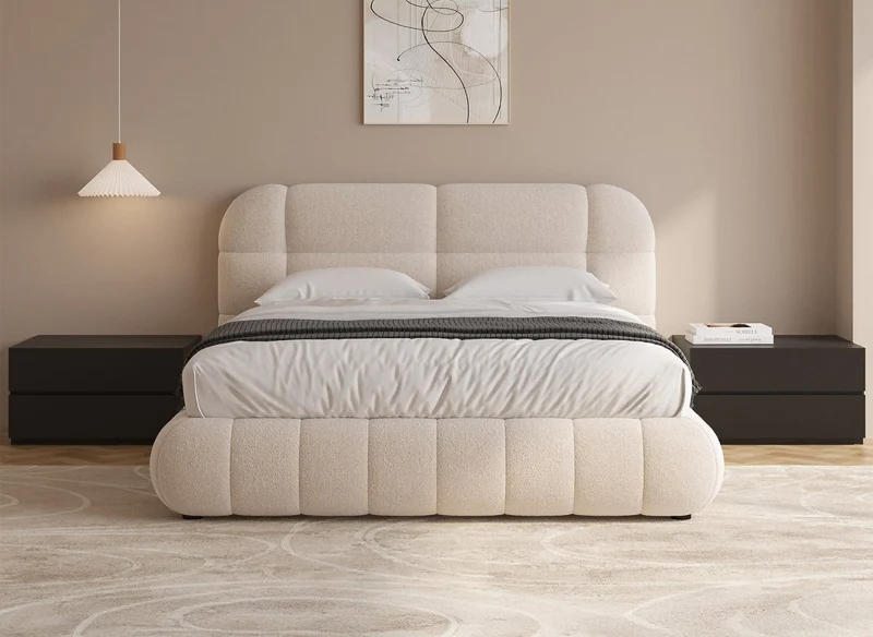 Lit double en tissu bouclette écru 140x190 cm YOURI