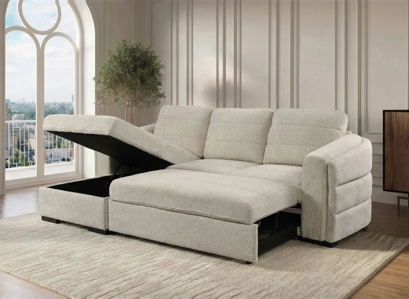 Canapé d'angle convertible avec coffre en tissu bouclette beige CALANDRA - Angle gauche