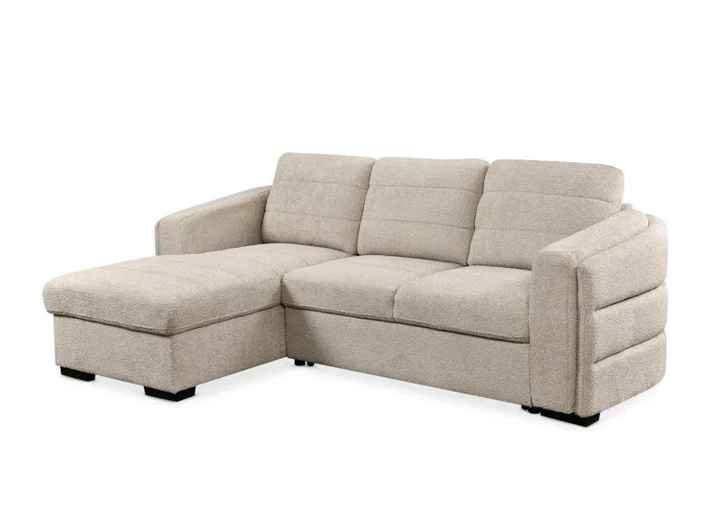 Canapé d'angle convertible avec coffre en tissu bouclette beige CALANDRA - Angle gauche