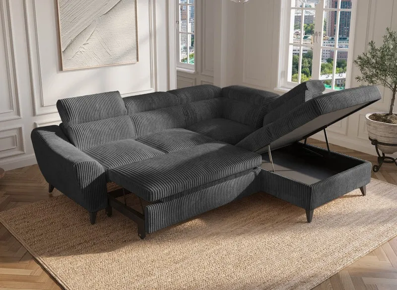 Canapé d'angle convertible avec coffre en velours côtelé épais gris DALTON - Angle droit