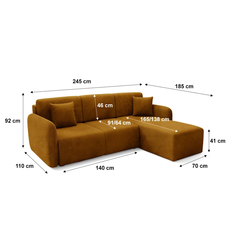 Canapé d'angle réversible et convertible 3 places avec coffre Dora Marron